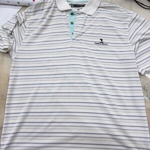 Pebble Beach Men's Polo Shirt - White and Gray Stripes with Aqua Accent
